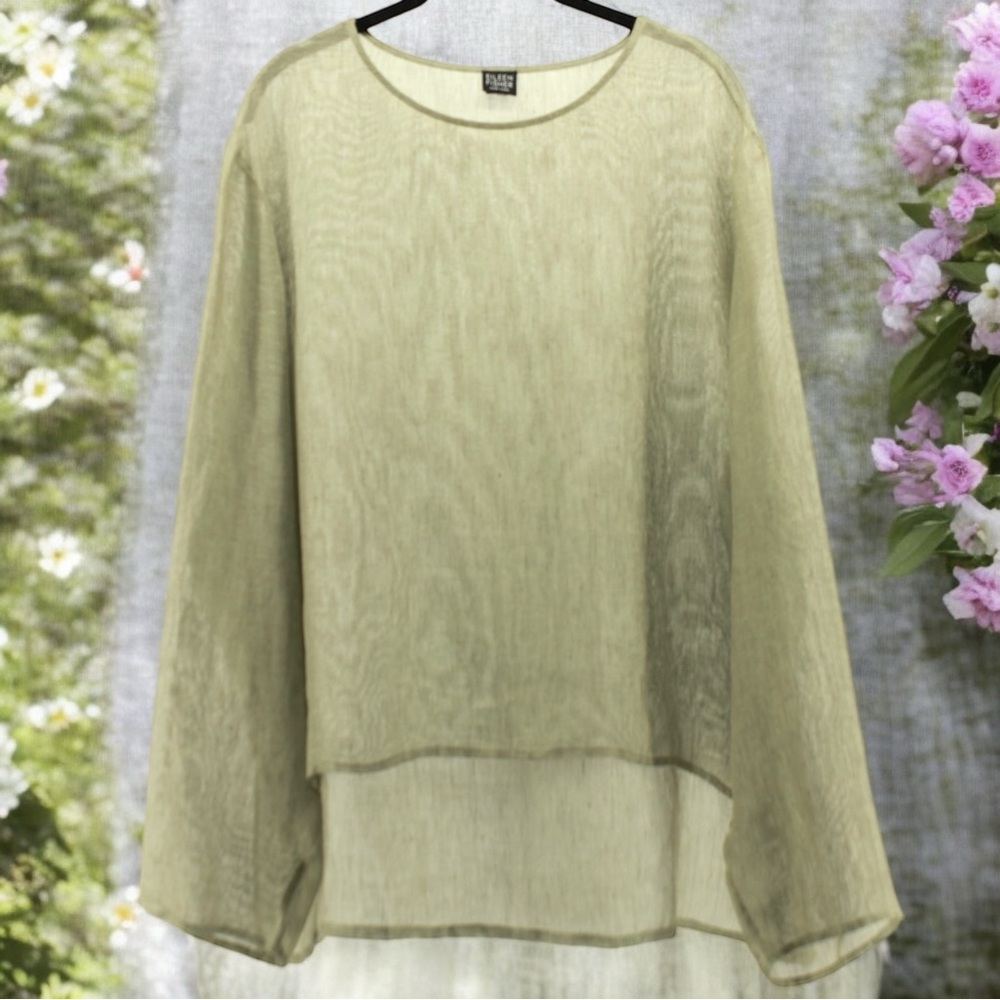 Eileen Fisher Moss Green Lightweight Sheer Long Sleeve Tunic Blouse Size L